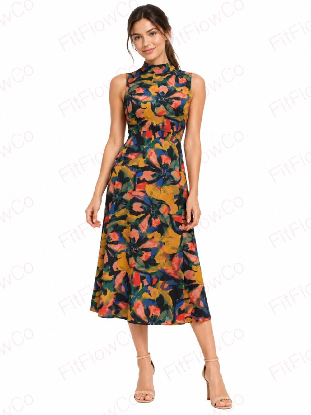 Tahari ASL Floral Fit & Flare Midi Dress Size 10 NWT Mock Neck